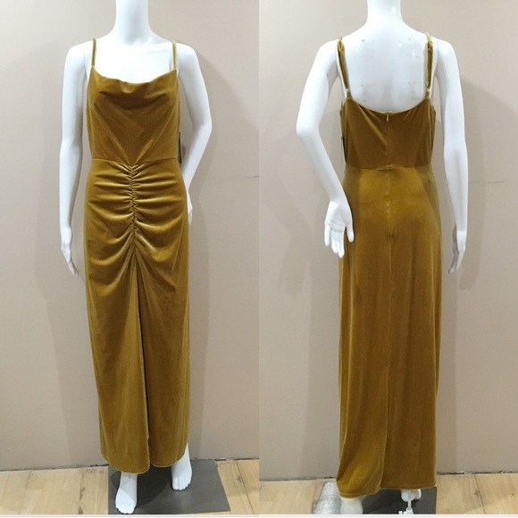 Taylor Dress midi Ruched Women 4 Mustard Velvet Glam Festival Holiday New Year - Picture 1 of 6